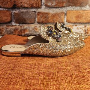 Nanette Lepore Gold Glitter Jeweled Mules
